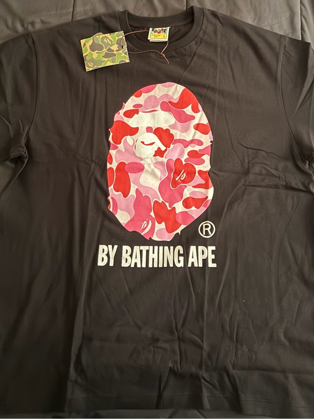 Bape Black Tee with Pink & Red Camo Ape Head